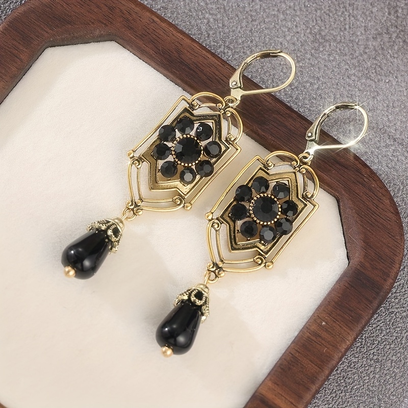 Women's Nostalgic Hollow Copper Earrings with Black Synthetic Turquoise, Birthday Gift
